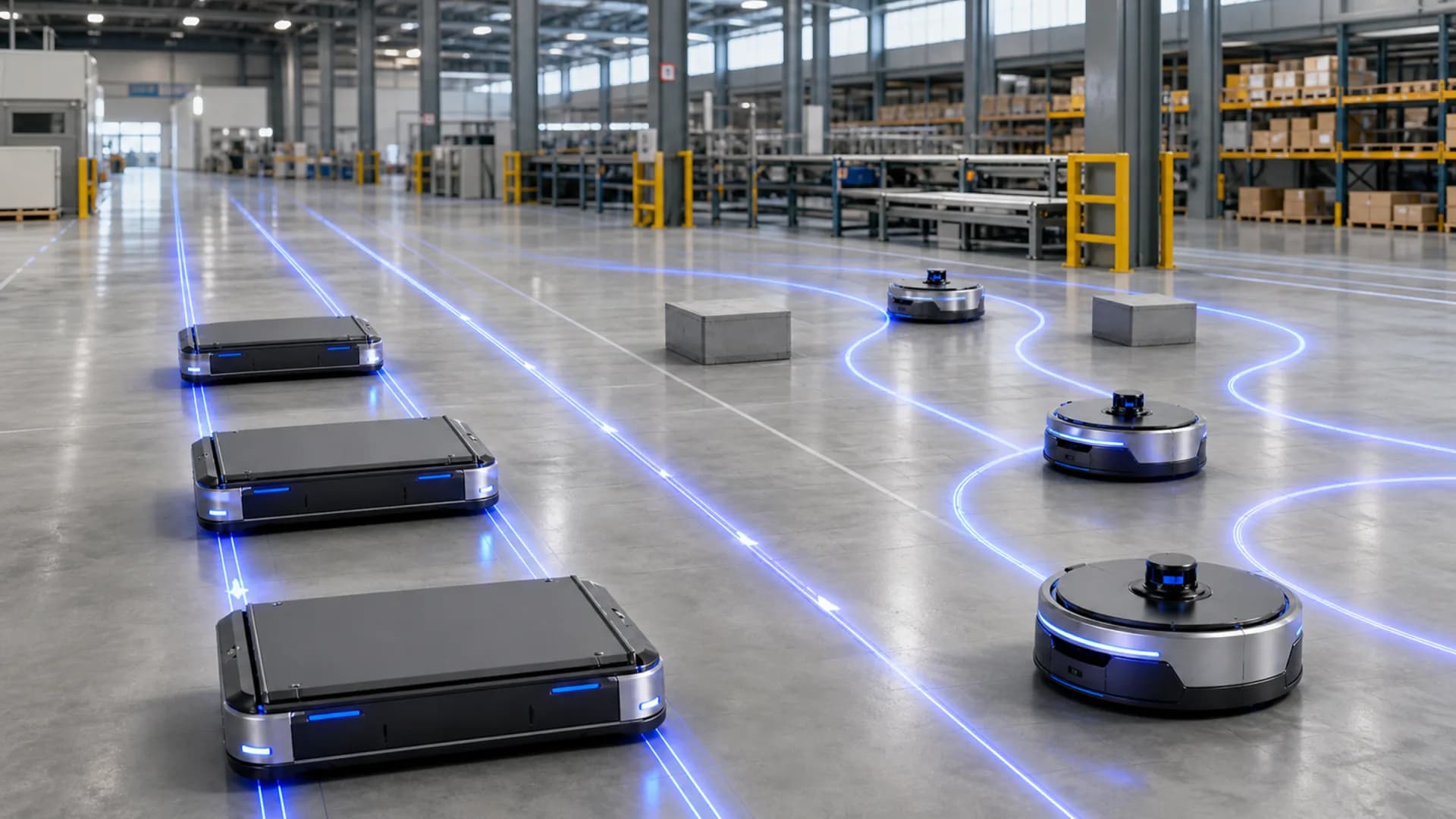 AGVs following fixed warehouse lanes beside AMRs navigating curved routes around obstacles.