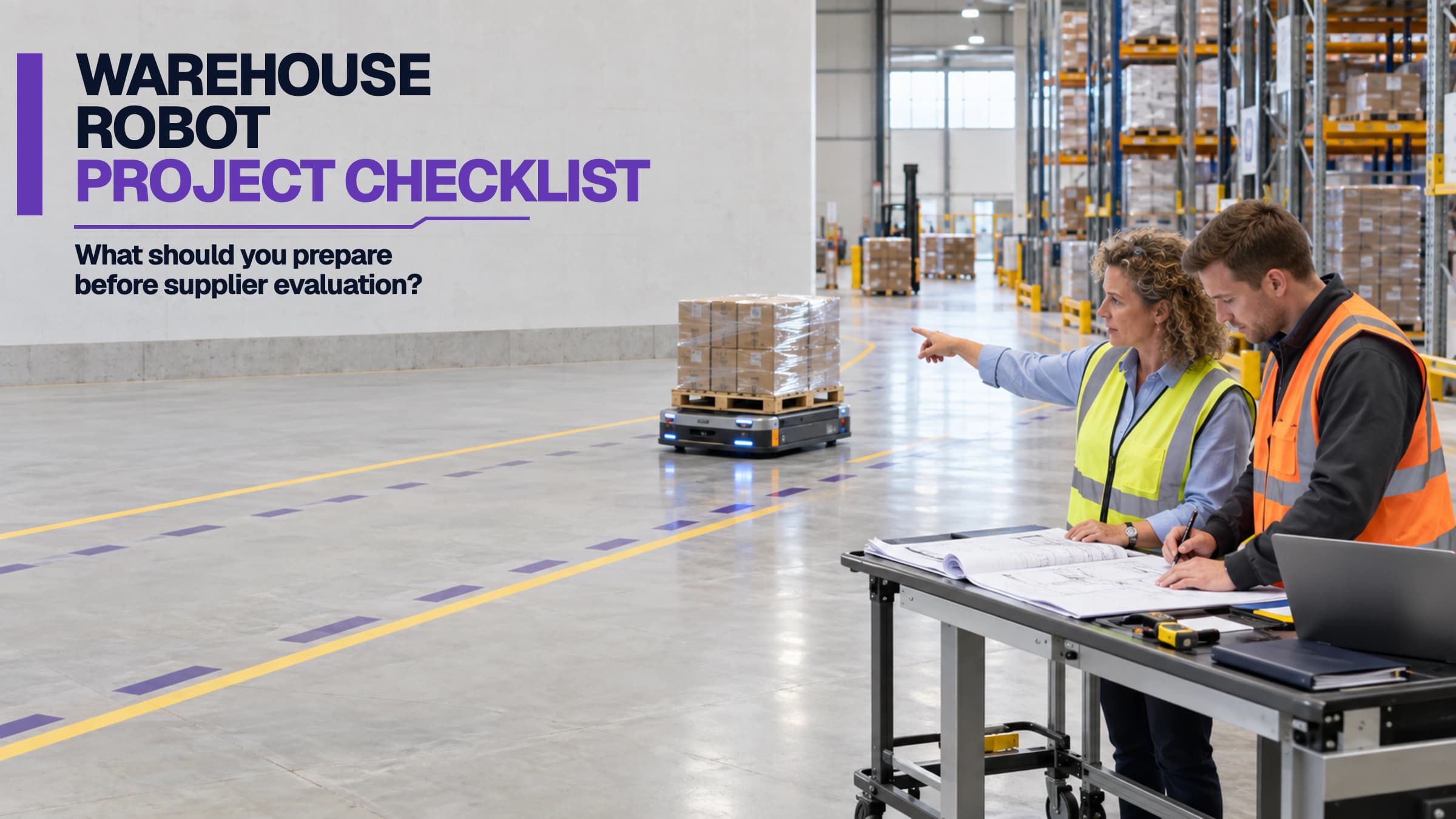 Warehouse project team reviewing a material-flow map, load details, site constraints, and a robot project checklist.