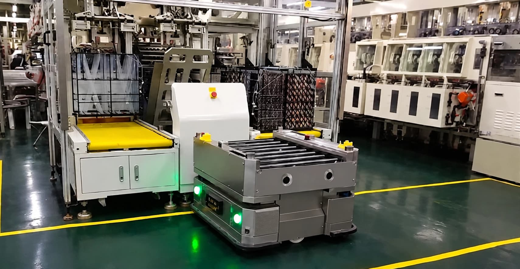 A two-position roller-top AMR docked at an automatic loader on a PCB line